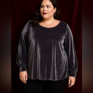 Ava & Viv Women’s 4X Gray Velvet Long Sleeve Top Shimmer Gray Holiday Evening